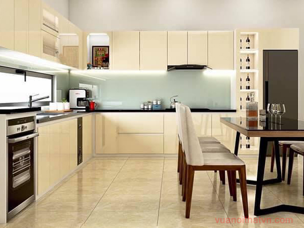 Tủ bếp trên và tủ bếp dưới sử dụng ACRYLIC bóng gương, đơn giá mét dài