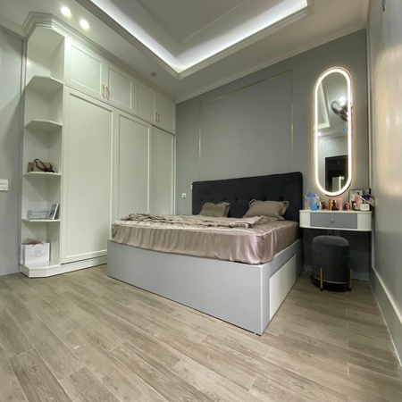 Combo tủ áo tân cổ điển cao cấp + giường bọc nệm + bàn trang điểm gương led