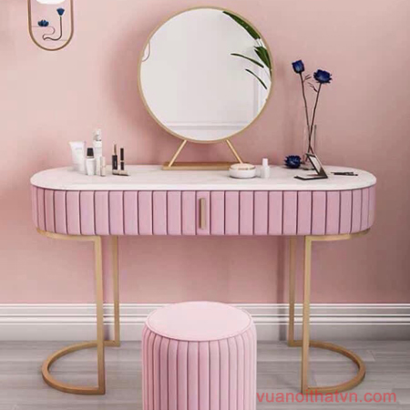 Bàn trang điểm 90cm, chân sắt mạ đồng, đôn ghế tròn
