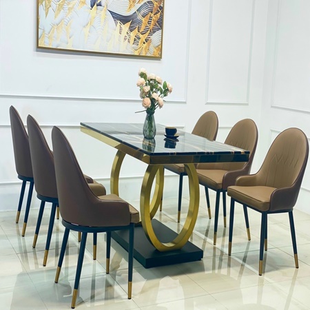 Bàn ăn Double Q, mặt đá cẩm thạch, 06 ghế